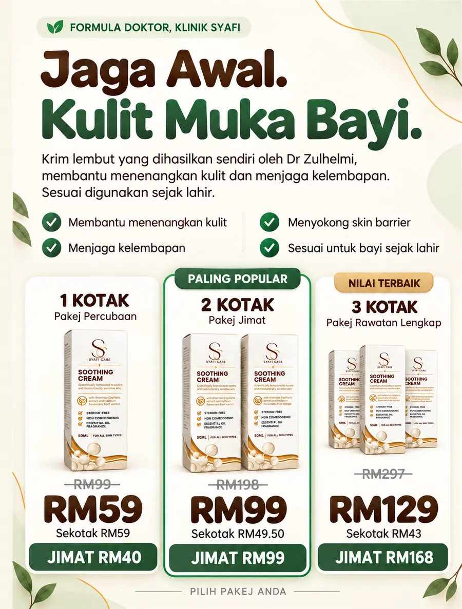 Pakej Syafi Soothing Cream: 1 kotak RM59 (asal RM99, jimat RM40), 2 kotak RM99 (Paling Popular, asal RM198, jimat RM99), 3 kotak RM129 (Nilai Terbaik, asal RM297, jimat RM168)