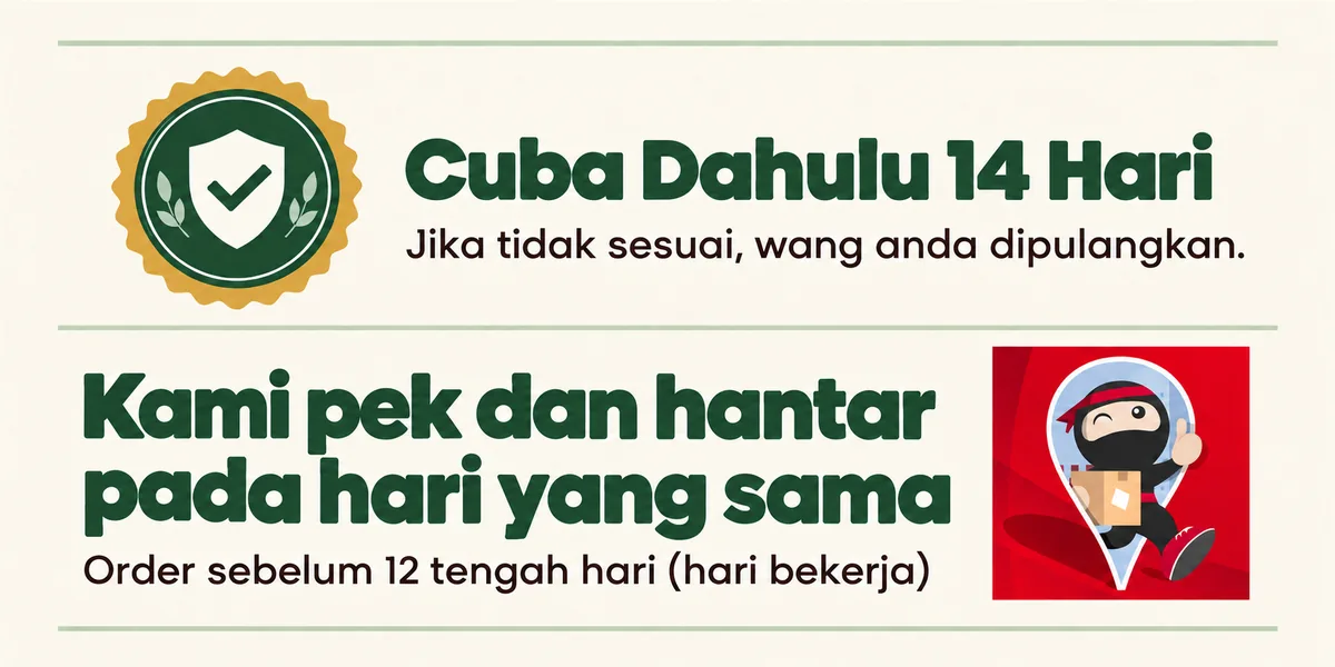 Cuba dahulu 14 hari, jika tidak sesuai wang anda dipulangkan. Kami pek dan hantar melalui Ninja Van pada hari yang sama untuk order sebelum 12 tengah hari, hari bekerja.