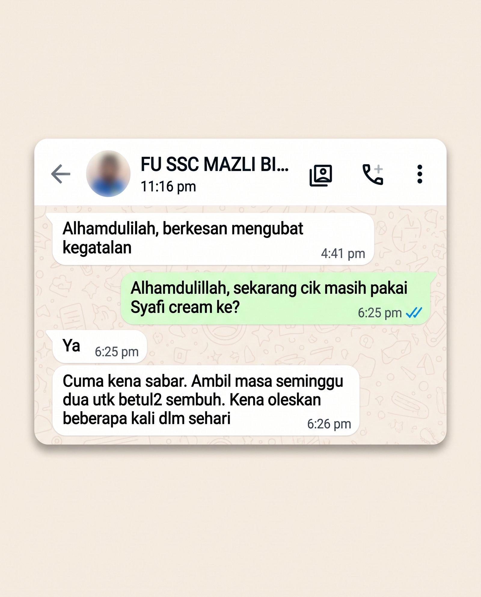 Mesej WhatsApp sebenar pelanggan Syafi Soothing Cream